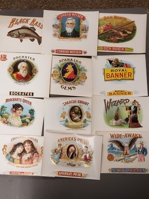 Vtg Lot of 12 Early 1900s Cigar Box Labels - Wizard, Socrates, Wide Awake, Bass