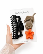 3Pcs Hair Claw Clips Set Floral Leaf Black Orange Hair Accessories For Women New