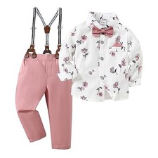 Toddler Boy Outfit Boy Suit Boy Dress Shirt with Bowtie/Suspender 4-5T Pink