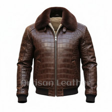 Luxury Crocodile Embossed Leather Jacket Men’s Fur Lined  Winter Coat Bomber