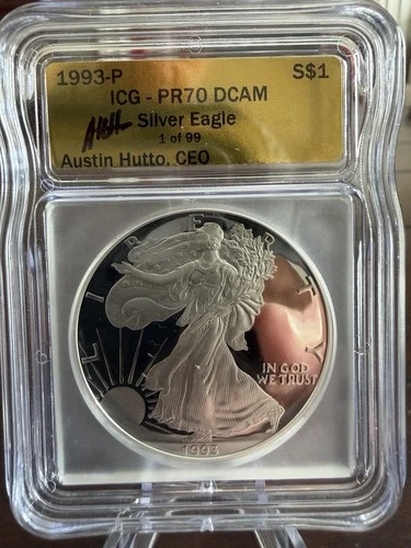 1993 P PROOF SILVER EAGLE ICG PR70 DCAM AUSTIN HUTTO SIGNED GOLD LABEL 1 Of 99