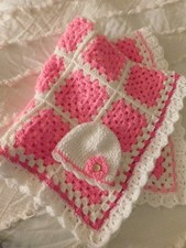 Crochet BABY BLANKET AFGHAN Granny Square 32"x 40" Pink White Handmade New