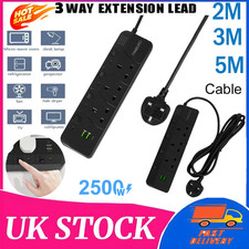 Surge Protected Extension Lead With 3 USB 3 Gang Way 2/3/5m Power Cable UK Plug