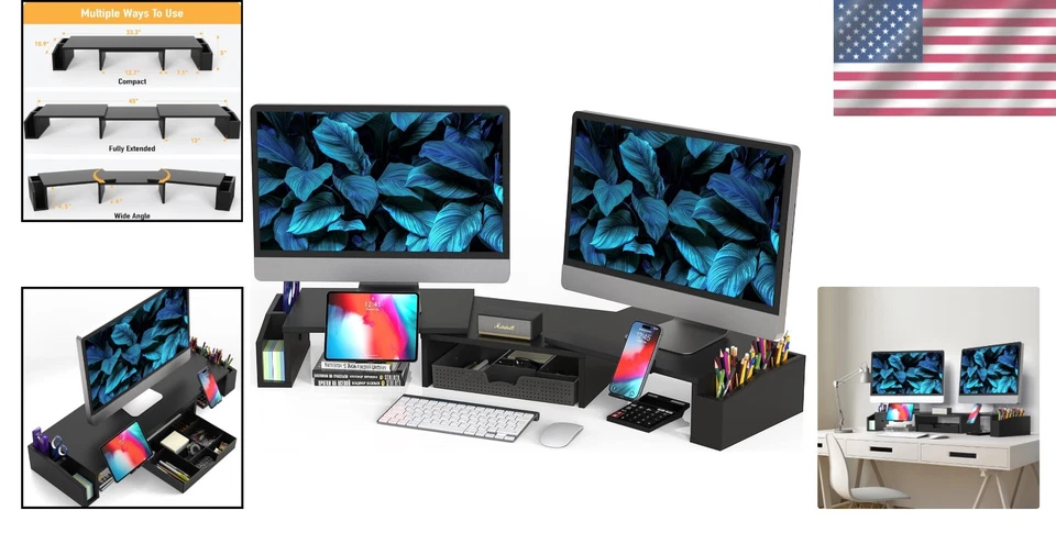 Desk Monitor Stand Riser with Drawer Black Wooden Organizer Office Accessories - Image 2 of 4