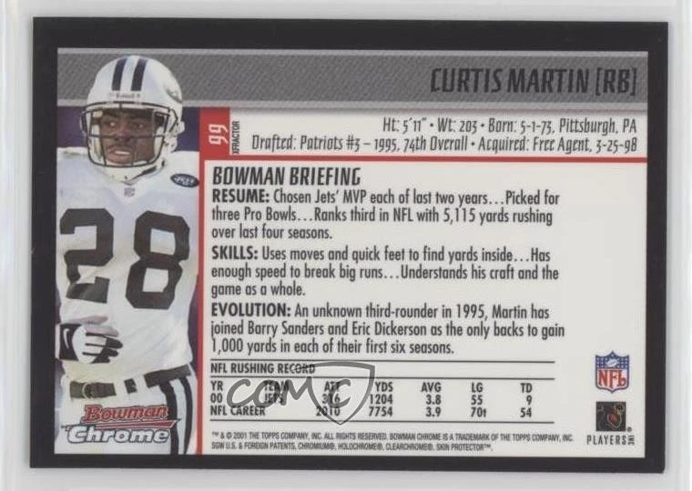 2001 Bowman Chrome X-Fractor Curtis Martin #99 HOF - Image 2 of 2