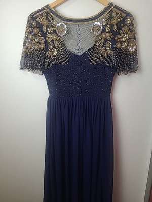 Virgos Lounge Navy Blue Juliana Maxi Dress UK 10 US 6 Beaded Sequin Flutter  Slee | eBay