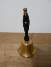 VINTAGE BRASS BELL RINGS LOUD! WOOD HANDLE DESK SCHOOL DINNER 8.5” FARM HOUSE