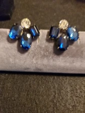 VINTAGE RHINESTONE EARRINGS HUGE SAPHIRE COLORED STONES BLUE AND WHITE