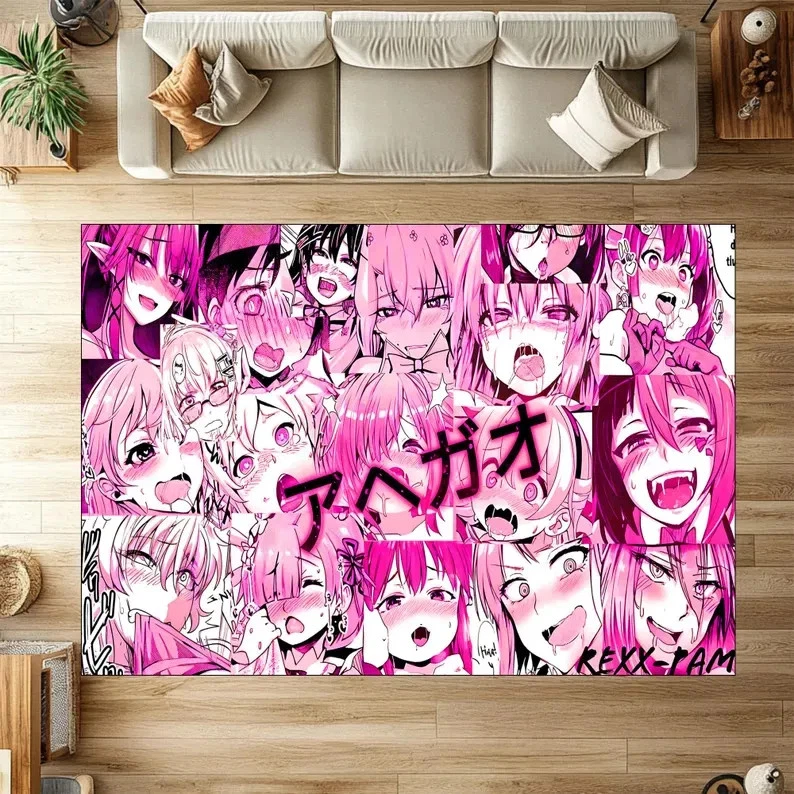 Ahegao Face Funny Rug, Soft Pink Anime Carpet, Kawaii Washable Otaku Home Decor Rug