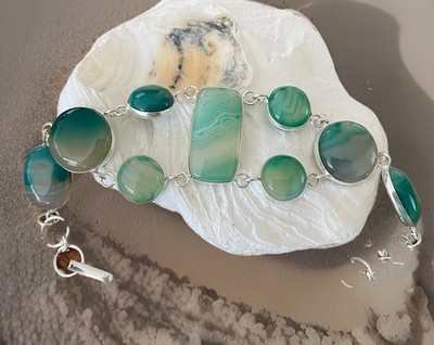 Green Botswana Agate Gemstone bracelet 20cm Long- 925 Silver Plated - New