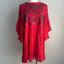 Umgee Womens Red Embroidered Boho Bell Sleeve Mini Dress Size S Festival Hippie