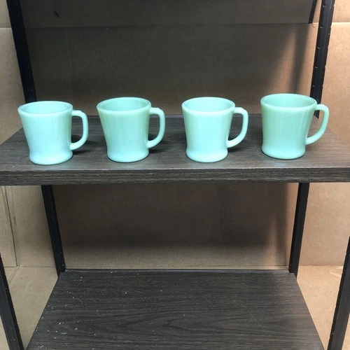Set of 4 vintage Jadeite Coffee Mugs Cups Fire King Oven Ware Made in USA
