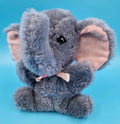 Dakin Vintage Elefant Sitzend 17 cm Blau-Grau Rosa Ohren Stofftier mit Granulat