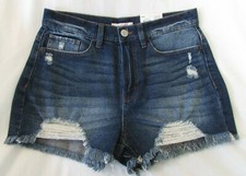 Ladies "SO" Size 5/27W, Blue, High Rise Destructed Frayed Hem Curvy Mom Shorts