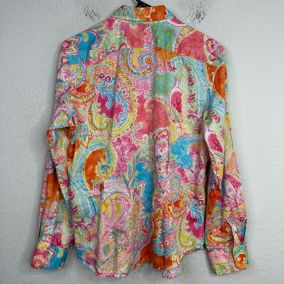 Camisa Chaps Mujer L Colorida Manga Larga Paisley Botón Boho Hippie Psicodélica Foto 2 de 4