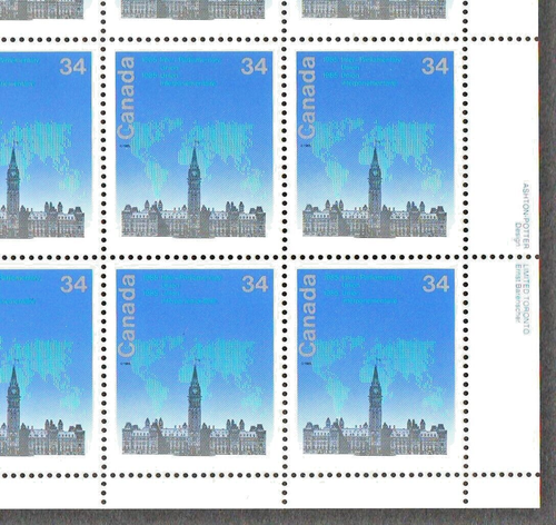 Canada #1061 Full Pane 34¢ Stylized Map Over Parliament Buildings 1985 OG XF MNH - Picture 4 of 7