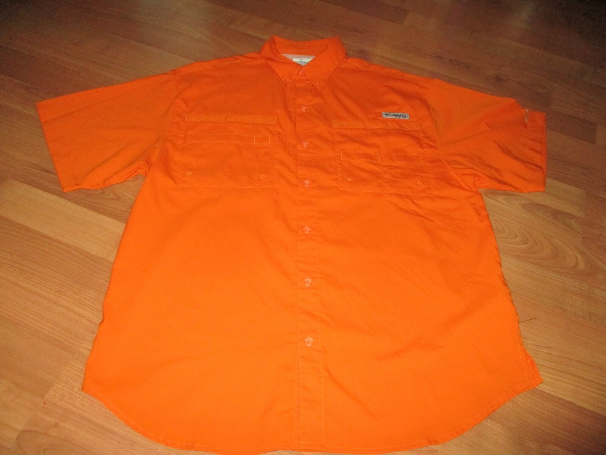 MENS COLUMBIA PFG SHORT SLEEVE ORANGE BUTTON DOWN FISHING