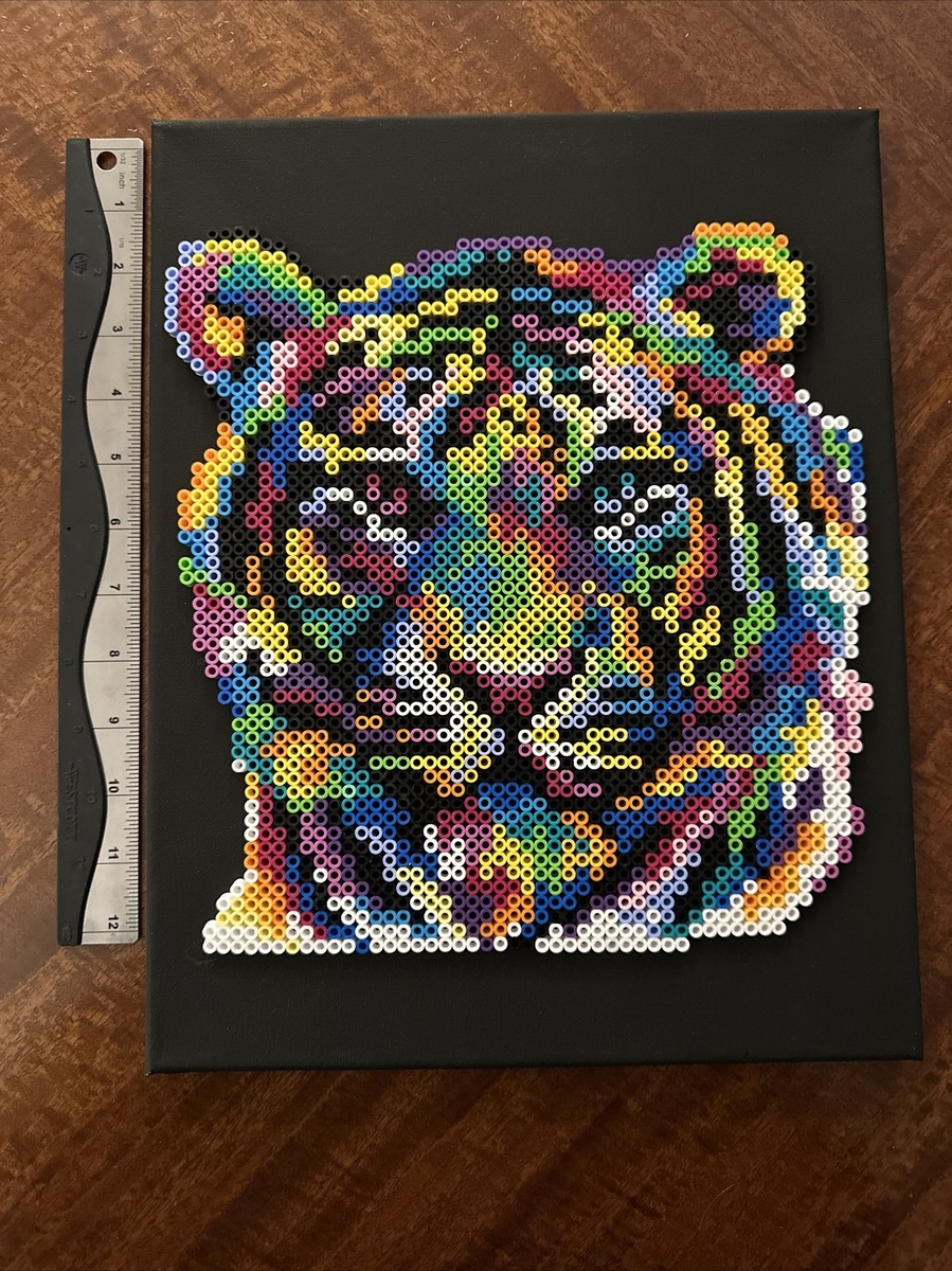 PERLER BEADS LARGE ABSTRACT TIGER COMPLETED ARTWORK ON BLACK CANVAS PIXEL  ART