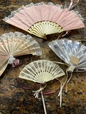 Set of Four Vintage Decorative Fans Plastic Lace Flowers Ribbons
