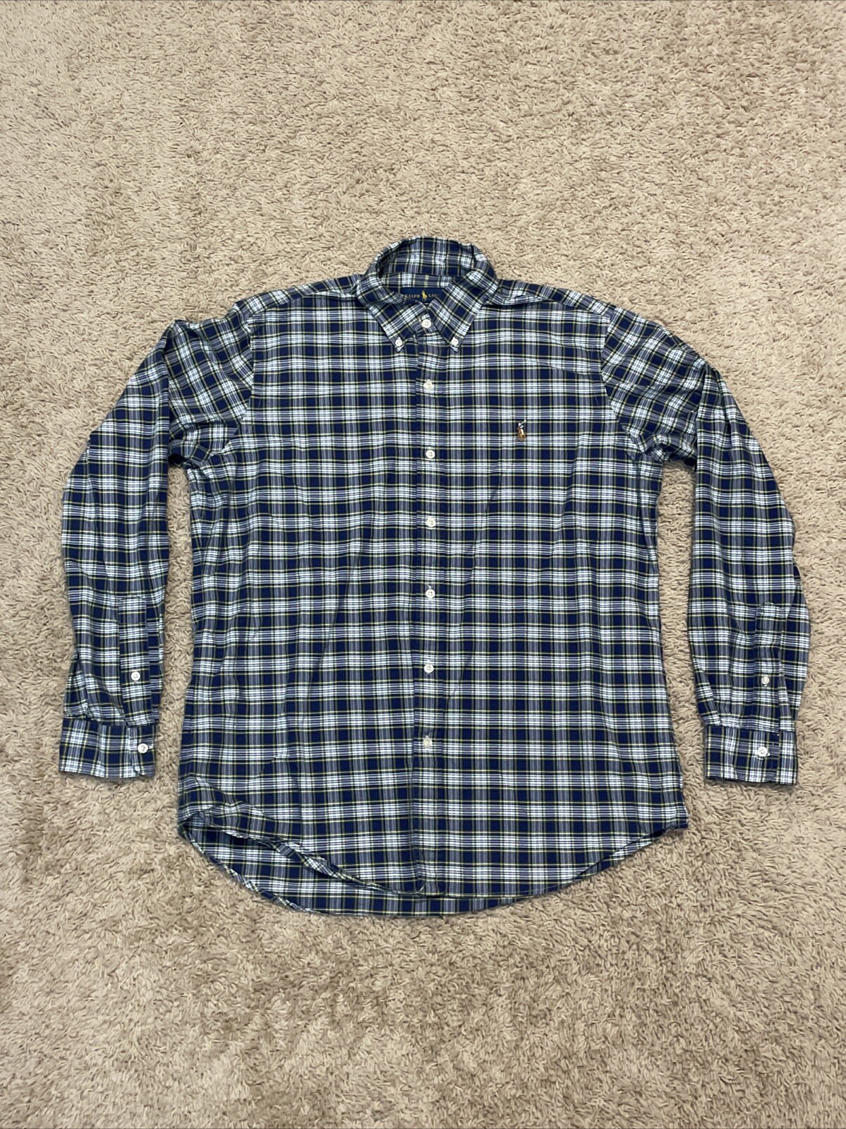 Polo Ralph Lauren camicia uomo vestibilità classica L carne pony plaid bottoni blu Oxford