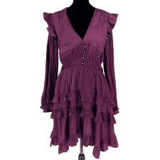 Anthropologie Womens Ruffle Long Sleeve Layered Fit and Flare Dress Purple Eggpl