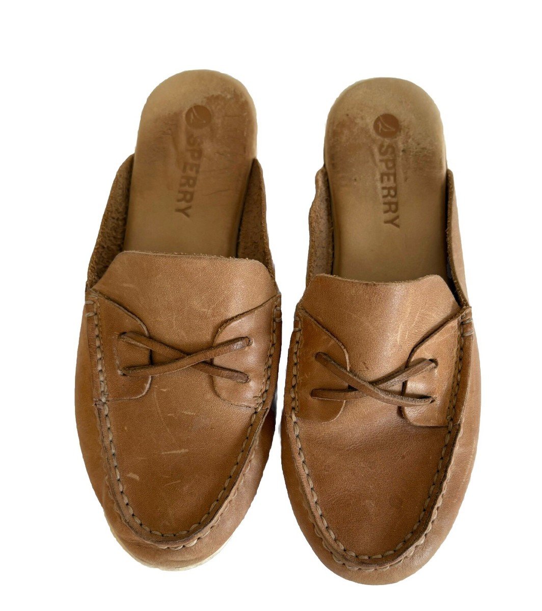 Sperry Mulefish Leather Boat Shoe Slip On Mules Slide Brown