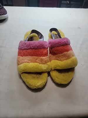 UGG PRIDE RAINBOW FLUFF YEAH SLIDE YELLOW SLIPPER SANDAL SIZE 10 MENS UK  Size