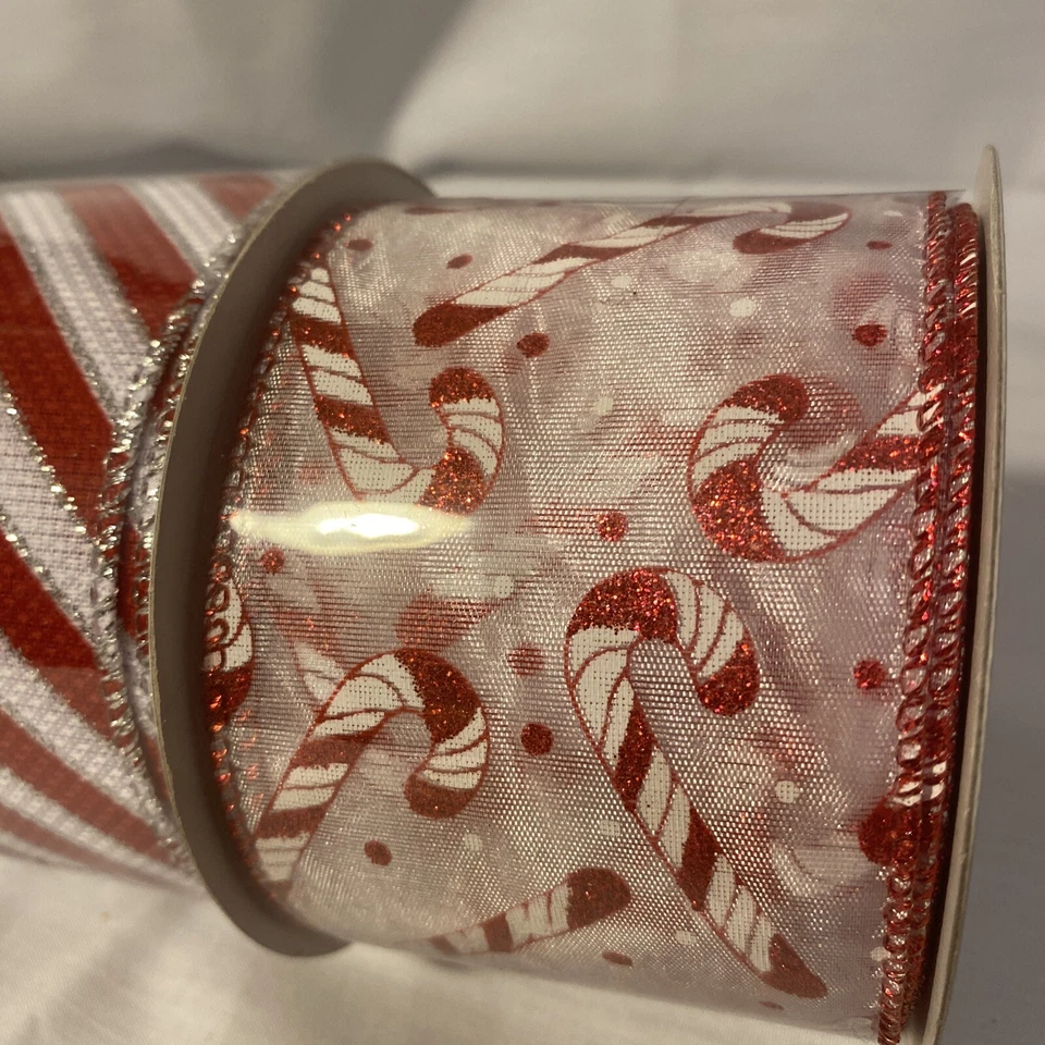 LOT - 3 New Christmas Ribbon Snowman, Candy Cane, Red Silver Stripes 2.5" X 10YD - Image 3 of 4