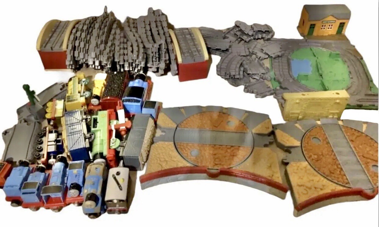 Vintage Thomas the Tank Train Lot - 67 Wood & Plastic Track Cars with Roundabout Bridge