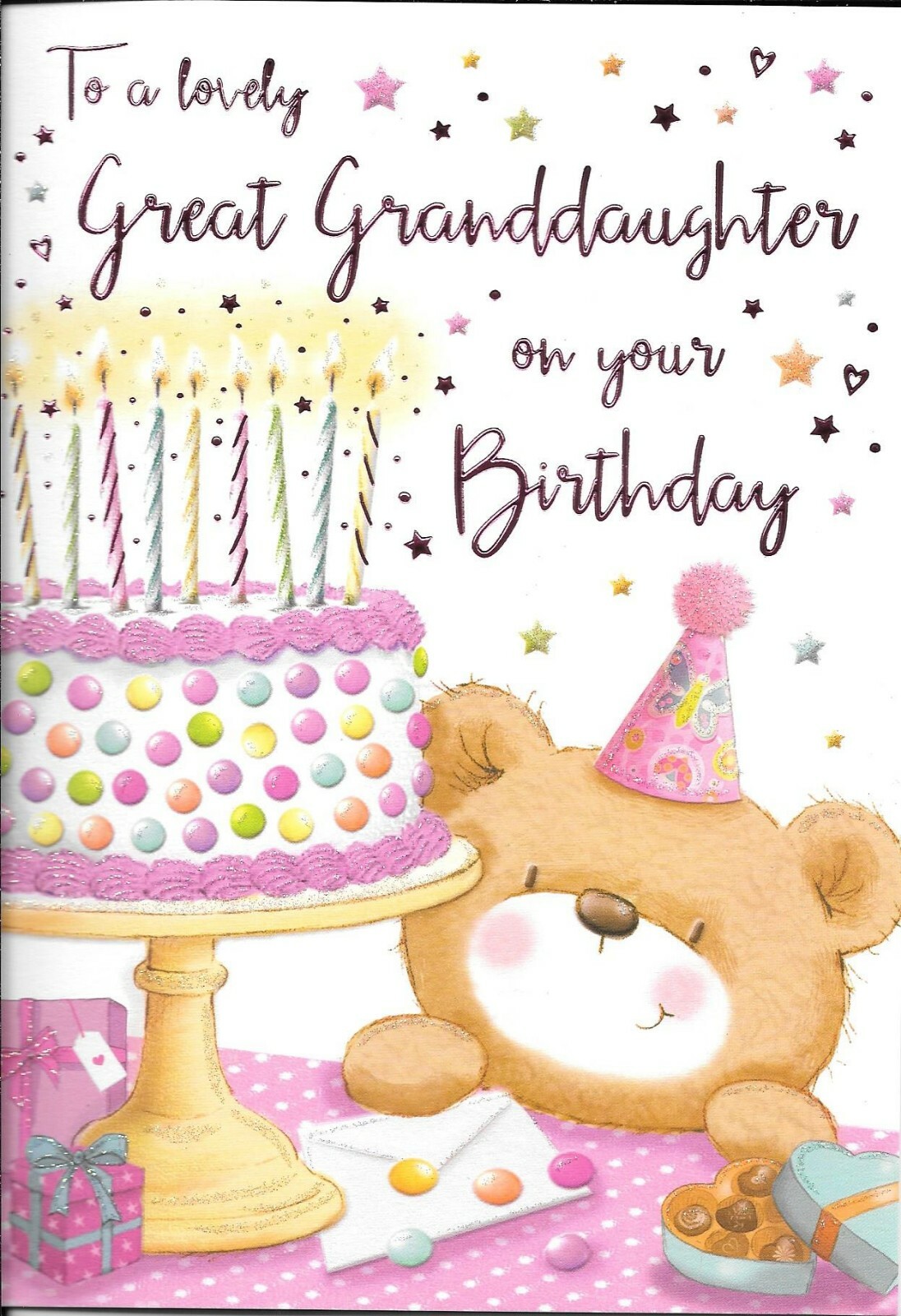 LARGER SIZE BIRTHDAY CARD TO A LOVELY GREAT GRANDDAUGHTER - TEDDY, CAKE, CANDLES