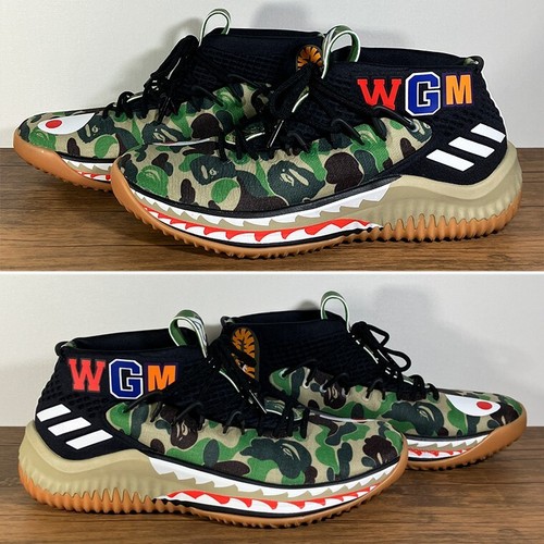 Size 7 - adidas Dame 4 x A Bathing Ape Bape Shark Shoes Green Camo AP9974 - Picture 3 of 10