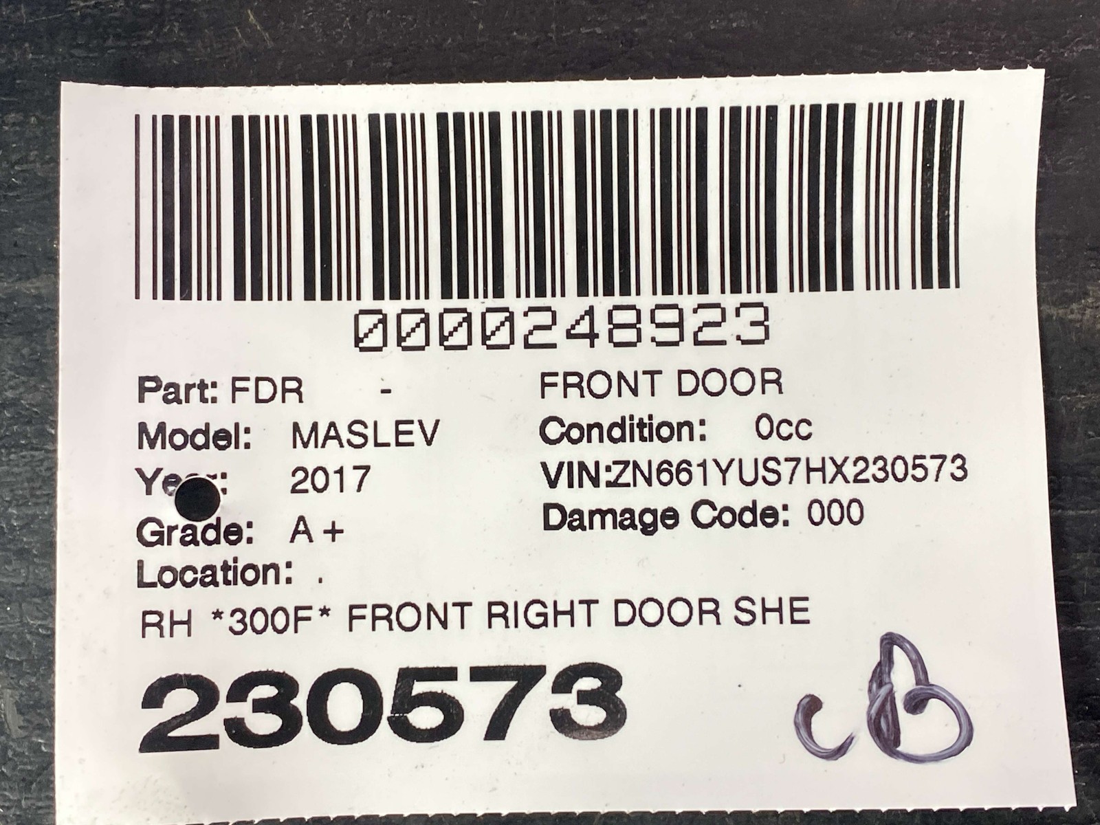 2017-2024 MASERATI LEVANTE M161 OEM FRONT RIGHT DOOR SHELL | NERO RIBELLE (815)