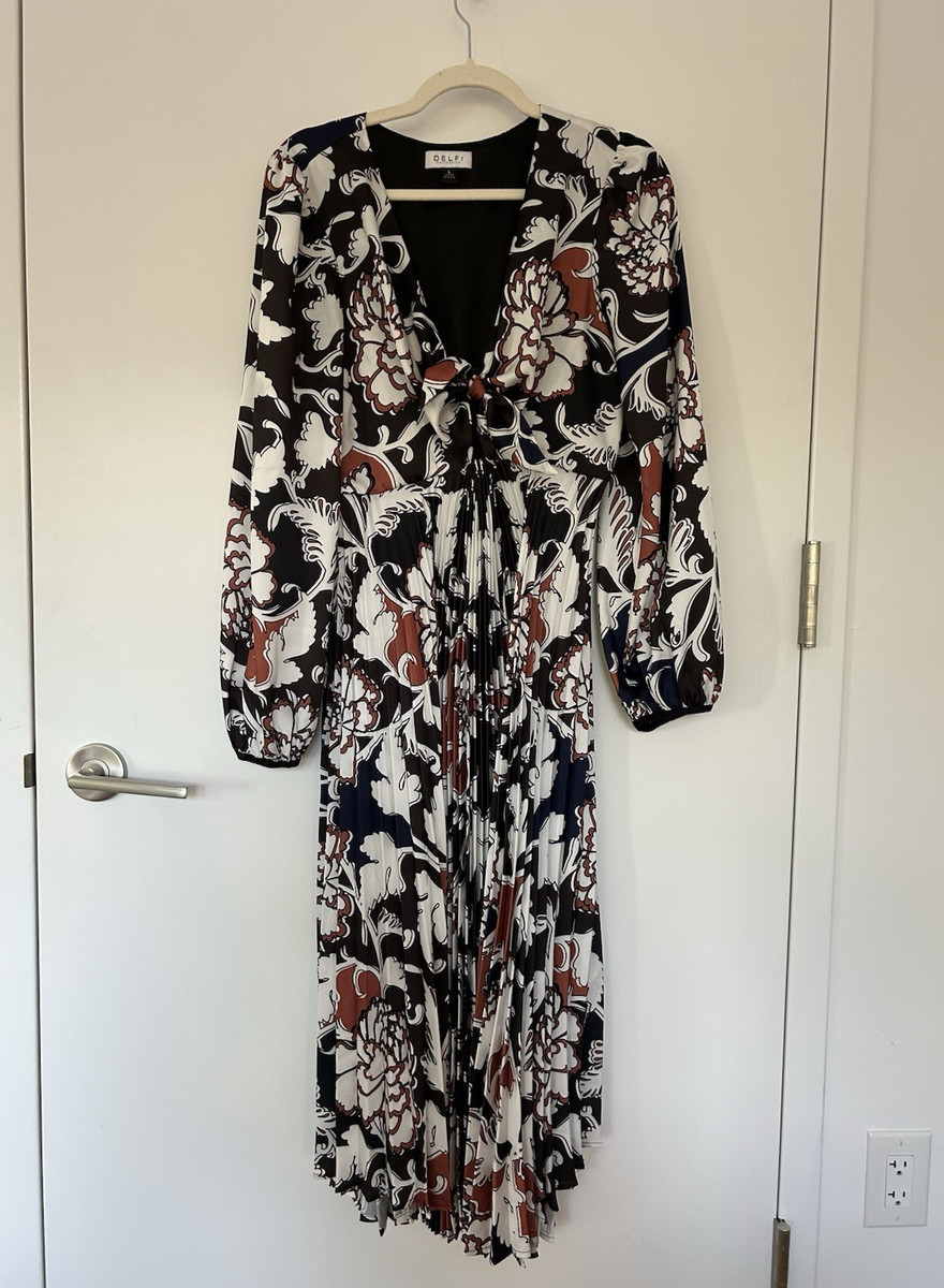 DELFI Collective Floral Pleated Tie Front Midi Dress Long Sleeve Size L | eBay DELFI Collective Floral Pleated Tie Front Midi Dress Long Sleeve Size L | eBay