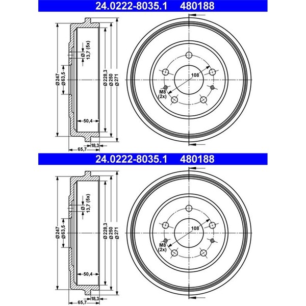 2X ATE 228Mm Bremstrommeln Hinten Passend FÜR Ford Focus Links+Rechts |-image