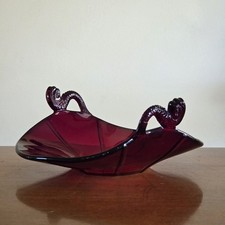 Vtg Red Amberina Cadmium Glass Bon Bon Candy Dish Dolphin Fish Handles /Read