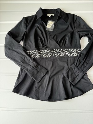 Ann Taylor LOFT Embroidered Floral Faux Wrap Blouse Top Shirt Black 6 NEW 1967