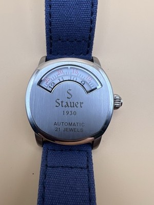 Stauer 1930 Automatic Jump Hour 21 Jewel Watch Exhibition Back Blue Strap