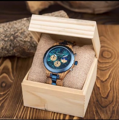 Neu Männer Armbanduhr Holzuhr Chronograph Bobo Bird Luxusuhr Blau mit Box