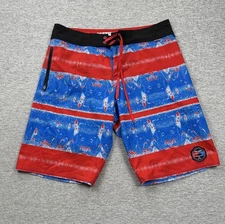 Pelagic Board Shorts Mens 34 Blue Red Argonaut Stretch Beach Surf Swim Fish