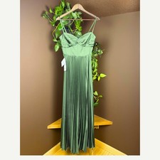 NWT Azazie Atelier Tyla Olive Green Pleated Satin Maxi Dress US 6