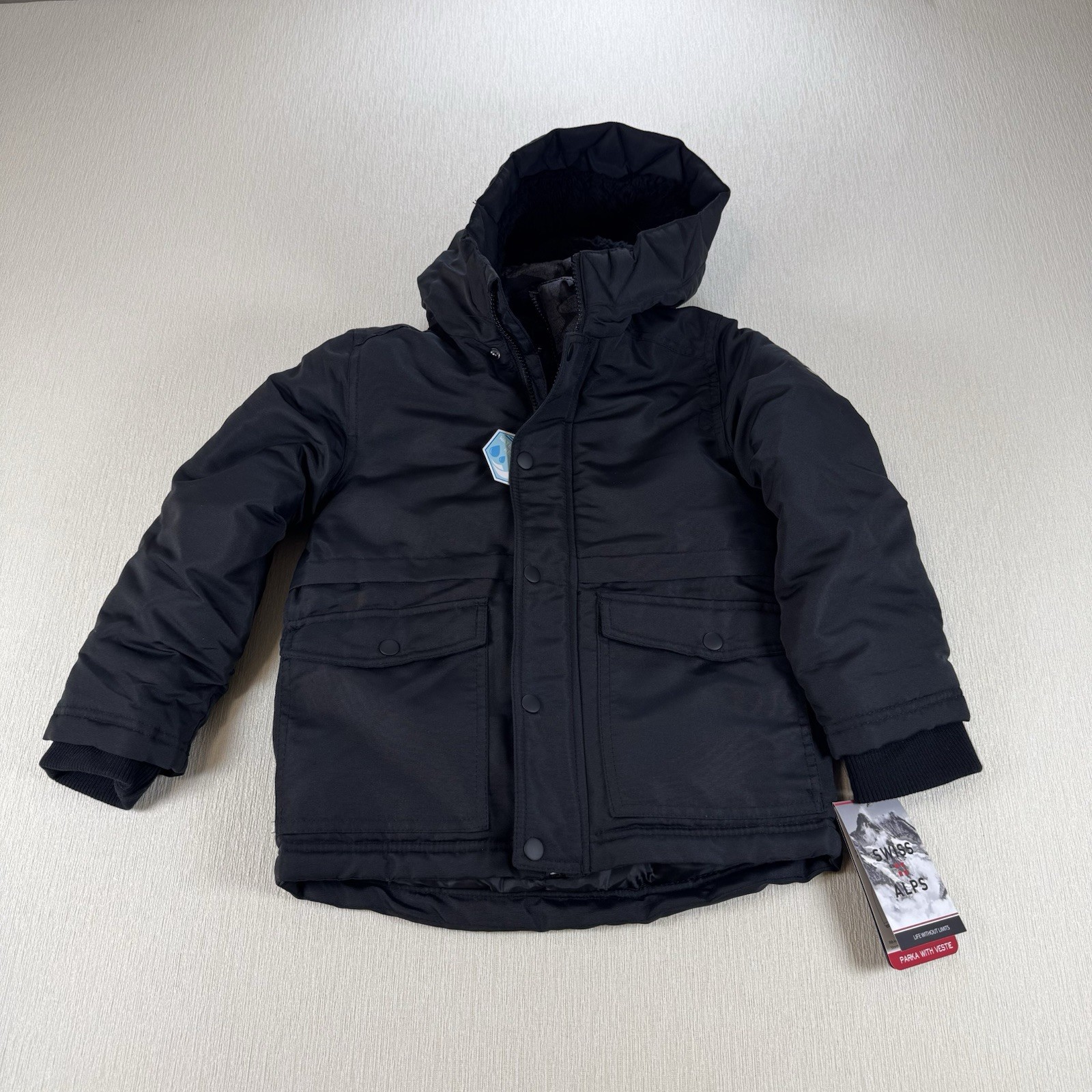 Swiss Alps Kids Black Winter Puffer Hooded Parka Jacket Rain