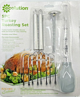 Ecolution 5 Piece Roasting Kit, Meat Thermometer, Turkey Lifters, Baster, Brush