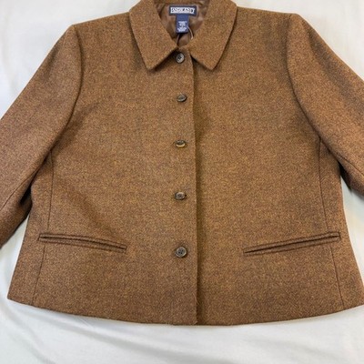 Lands End Women Petite Blazer Jacket Brown Tweed Wool Blend Button Front Size 14