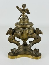 Antico Calamaio Tripode In Bronzo Cesellato Con Figure Grottesche Epoca XIX Sec.