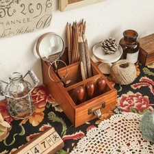 Wooden Desktop Organizer Office Supplies Small Pens Keys Makeup Brush Holder