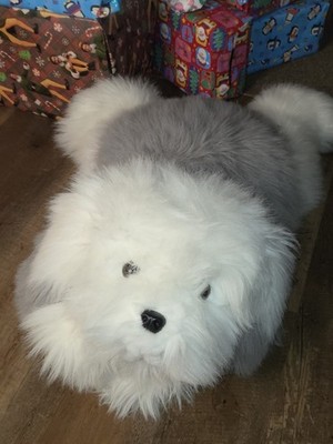 Realistic Fluffy English Sheepdog Gray White Color Tongue Out 35'' Large Plush