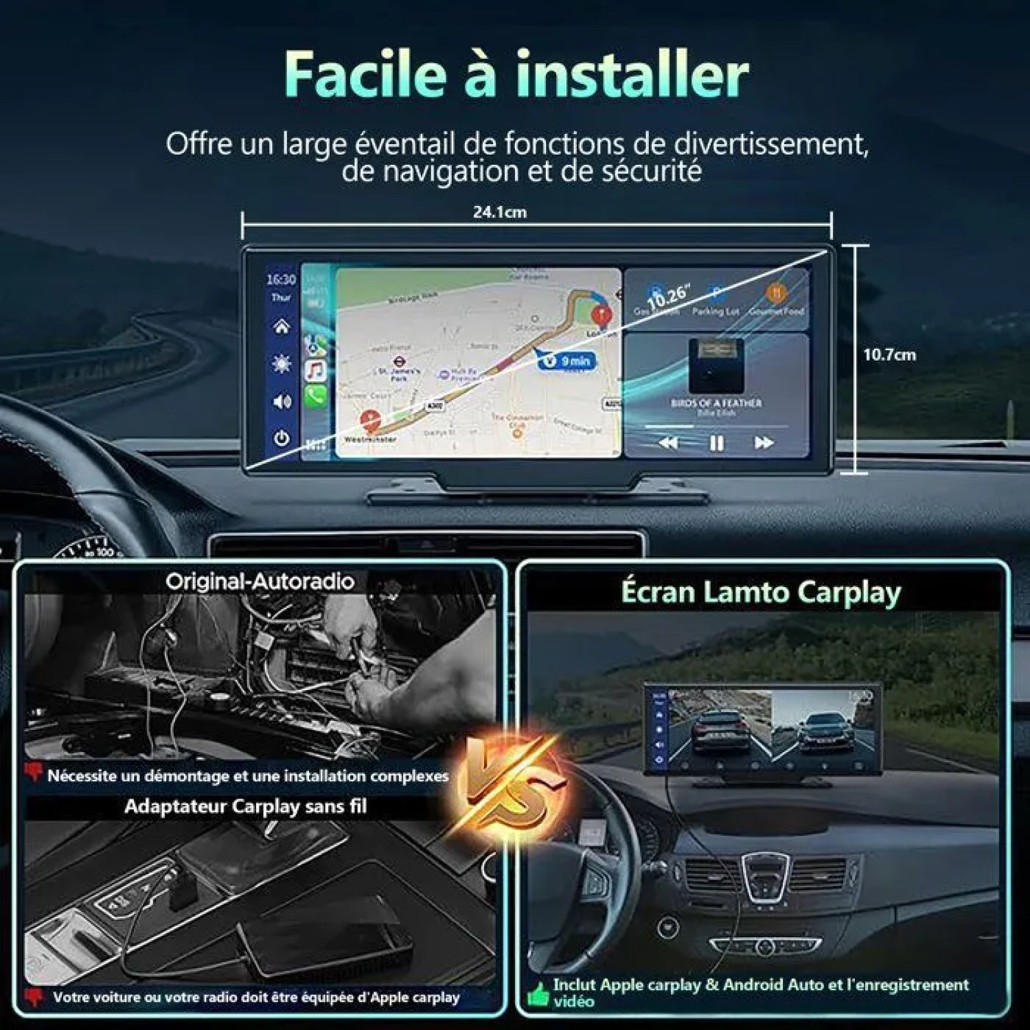 Autoradio Portatile Wireless CarPlay Android Auto 10,26" Schermo Dashcam 4K +... - Miniatura 2