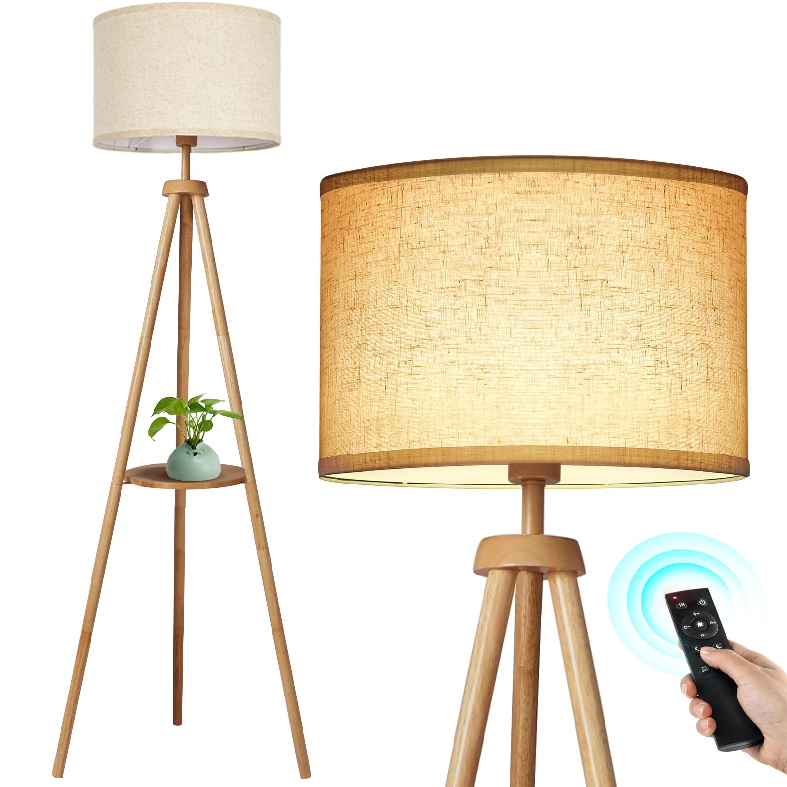 OUTON Wood Tripod Floor Lamp with Shelves, Mid Century Floor Lamp with Remote...
