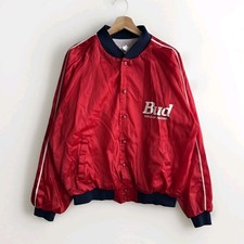 Vintage Satin Budweiser Bud King of Beers Snap Button Jacket Size Large USA MADE