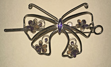Vintage Butterfly Hair Clip Silver Tone Metal  Purple Wire Flowers W/Rhinestone